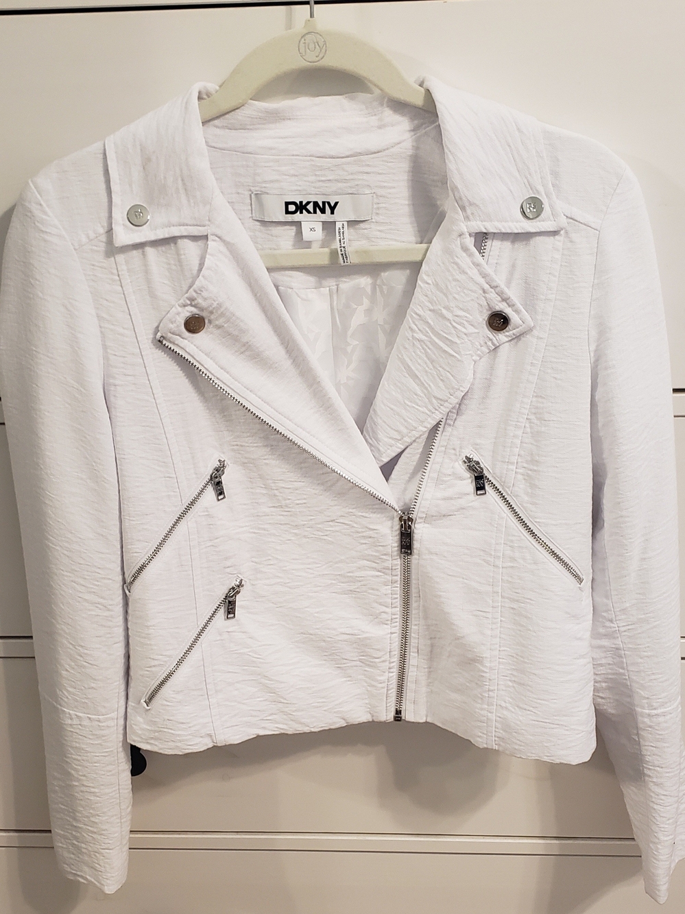DKNY White Cropped Asymmetrical Zip Moto Jacket